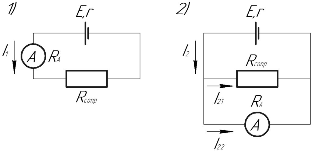 На какой схеме амперметр включен в цепь неправильно